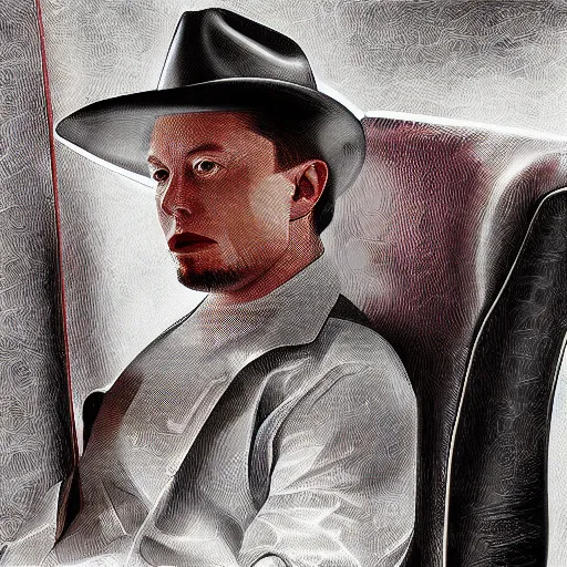 Image similar to elon musk as a cowboy sitting on the chair, digital art