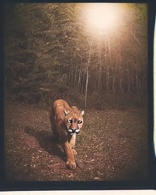 Image similar to cougar in forest at night, shot from drone, grainy, polaroid