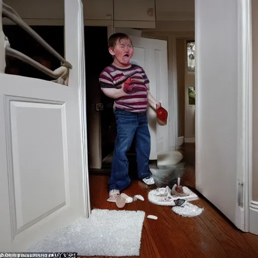 Prompt: a male caucasian child opens the door to his bedroom, spooked he spills his milk, he stares at the pretender