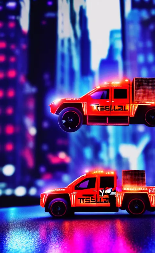 Image similar to ultra realistic and intricate detailed photograph of tesla cybertruck while racing on a neon race, new york city, movie shot, innovation, depth of field, ambient lighting, award winning, stunning