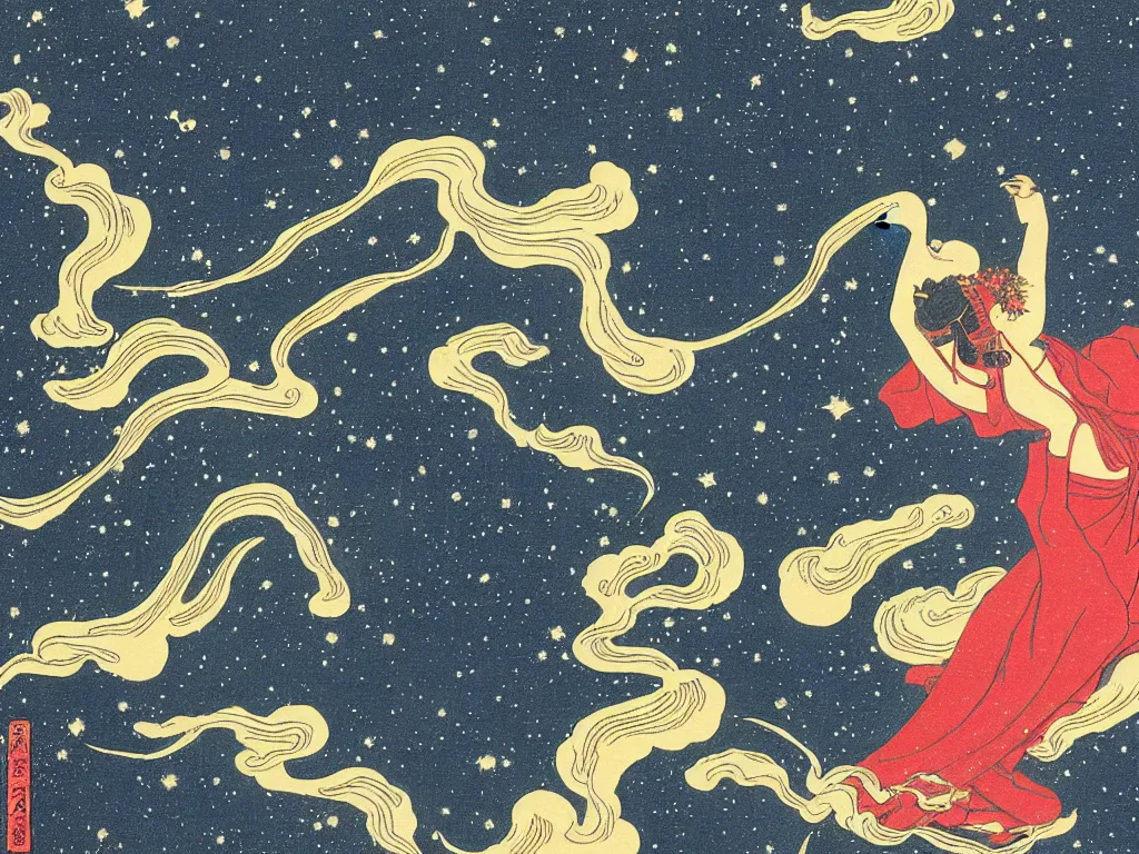 Prompt: a stunning render of a beautiful woman dancing and squirting fluorescent liquid in the cosmos, woodblock print by Kawase Hasui