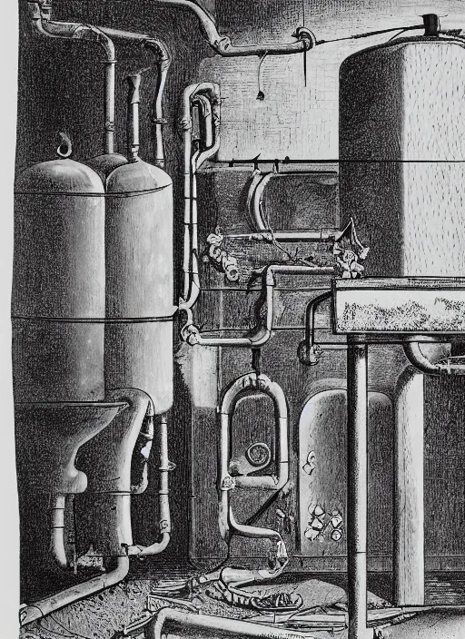 Prompt: 19th century boiler room, brick basement, furnace room, boiler stove, pipes, ducting, wires, dolls heads, drawing by Laurie Lipton