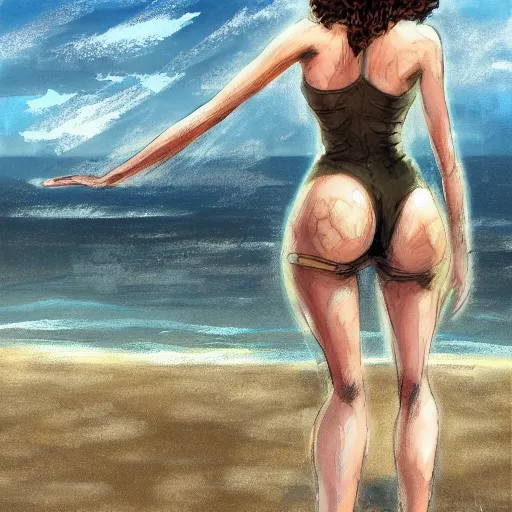 Prompt: lady at the beach by enki bilal artstation