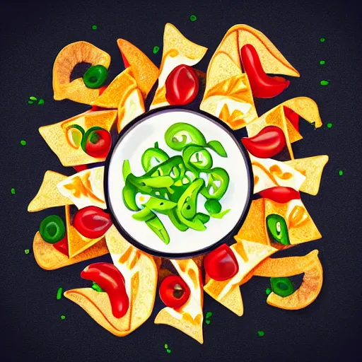 Image similar to photorealistic adobe illustration nachos with cheese and jalapeno illustrations, white background, drawing, cartoon