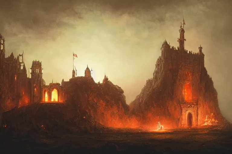 Image similar to a castle at night being lit up by the fire of a dragon, Les Edwards, Zdzislaw Beksinski, Carl Gustav Carus, John Harris, Michal Karcz, Zhang Kechun, Mikko Lagerstedt, Scott Listfield, Steven Outram, Jessica Rossier