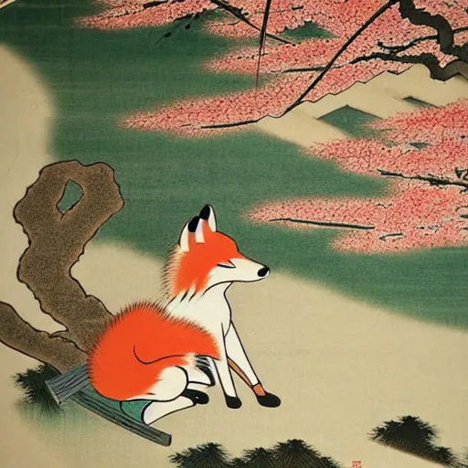 Image similar to samurai fox with a katana. sakura forest in the background. old japanese painting. fresco