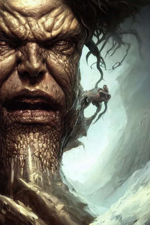 Image similar to closeup portrait shot of olivier richters as destruction of the endless, the sandman, herculean thanos, conan the barbarian, highly detailed, digital painting, artstation, concept art, soft focus, depth of field, artgerm, tomasz alen kopera, peter mohrbacher, donato giancola, wlop, boris vallejo