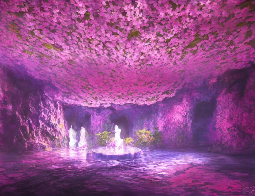 Image similar to vaporwave nightclub in a cherry blossom dripstone cave. oil painting by award - winning concept artist. backlighting, chiaroscuro, intricate details, field of depth.