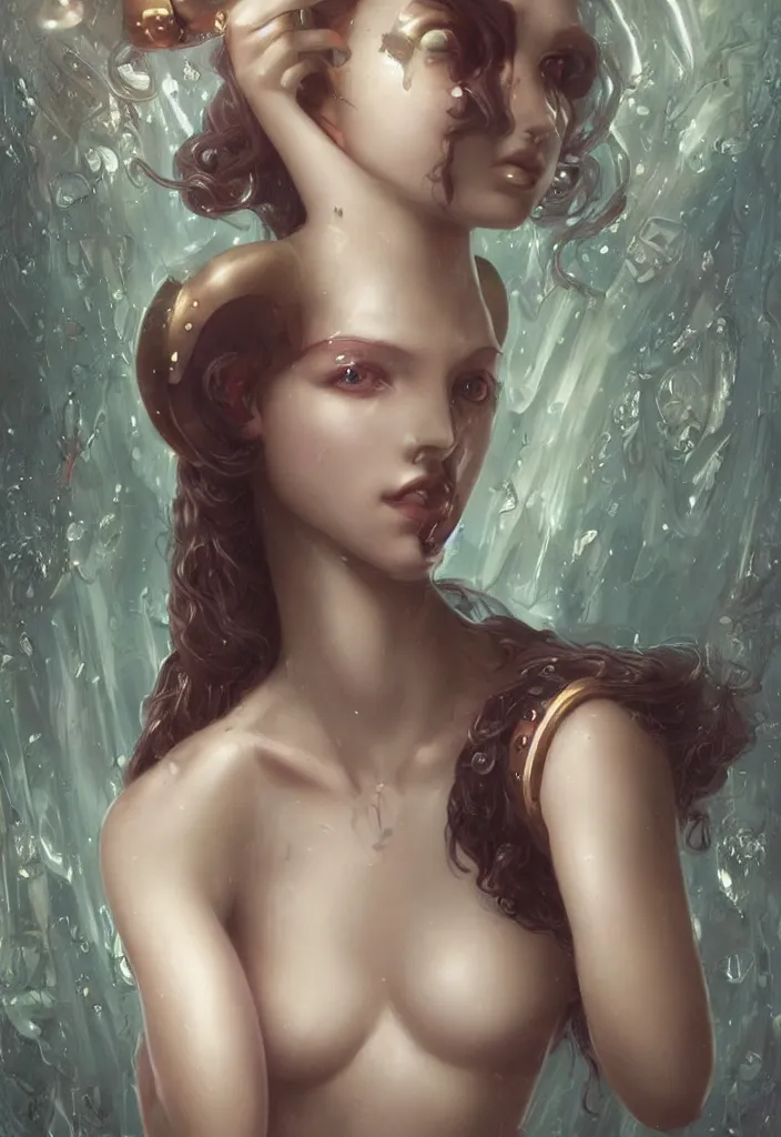 Image similar to portray of beautiful robot girl with porcelain wet glossy skin, look like a 3d model, alive statue, Ivan Bilibin, Ross Tran, Tom Bagshaw