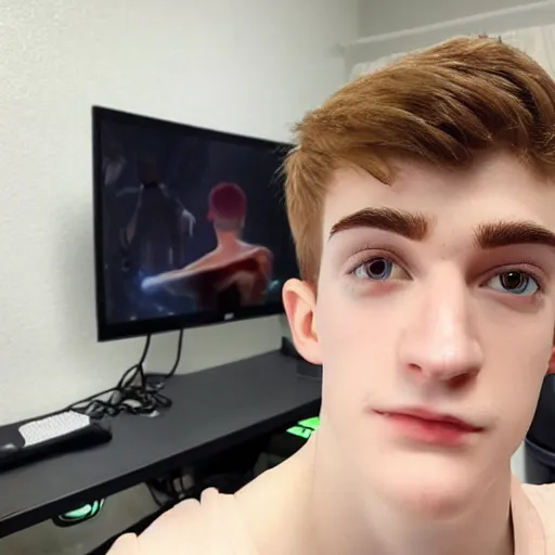 Image similar to “a realistic detailed photo of a guy who is an attractive humanoid who is half robot and half humanoid, who is a male android, twitch streamer Ninja Tyler Blevins, shiny skin, posing like a statue, blank stare, gaming room, close up”