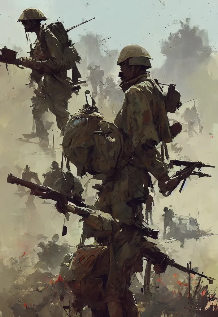 Image similar to ismail inceoglu painting of the vietnam war, painting, art concept for a book cover, trending on artstation, by greg manchess and by craig mullins and by kilian eng and by jake parker