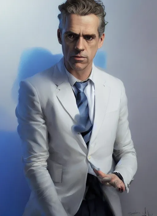 Image similar to portrait of Jordan Peterson in a luxurious royal white and blue style room, sigma male, digital painting, concept art, smooth, sharp focus, illustration, from Metal Gear, by Ruan Jia and Mandy Jurgens and William-Adolphe Bouguereau, Artgerm