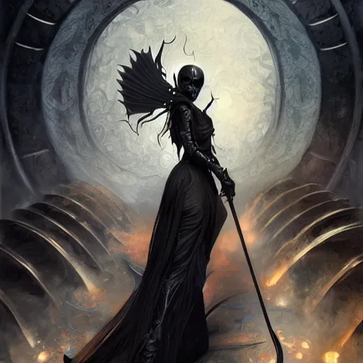 Image similar to the grim reaper, dark fantasy, intricate, huge elaborate scythe, elegant, highly detailed, digital painting, artstation, concept art, wallpaper, smooth, sharp focus, illustration, art by artgerm and greg rutkowski and alphonse mucha