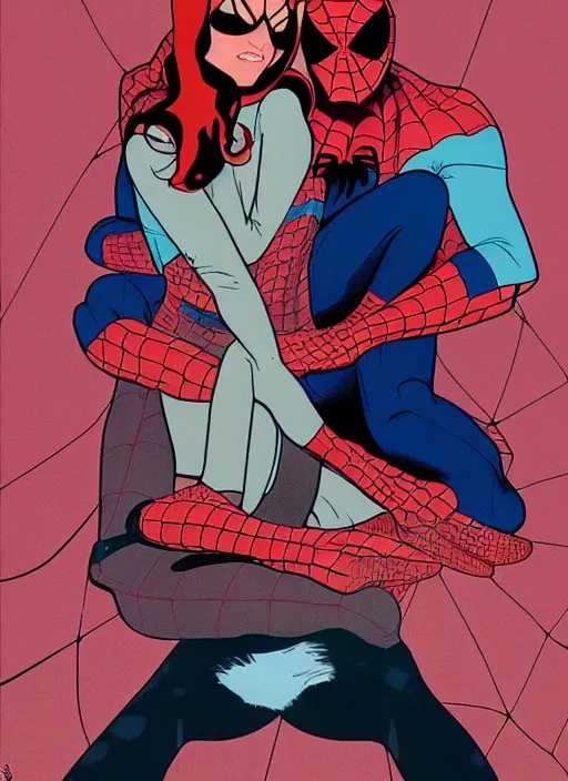 Image similar to poster cover artwork by Michael Whelan and Tomer Hanuka, John Romita Jr of Spiderman and Mary Jane, from scene from Twin Peaks, dramatic lighting, Marvel, clean, simple illustration, nostalgic, domestic, full of details