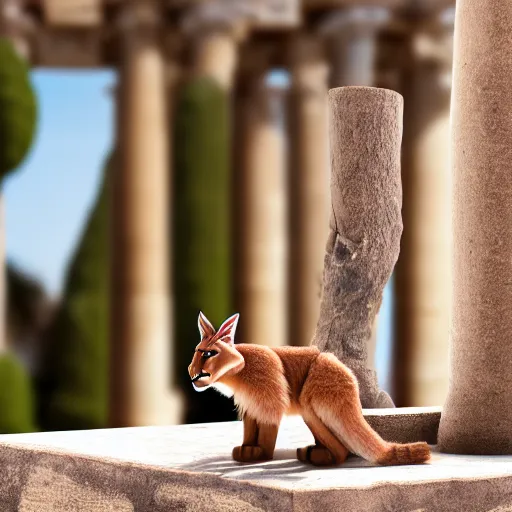 Image similar to a cinematic film still of a claymation stop motion film starring cute caracal, big wooden barrel, ancient greek city, marble temple columns, olive trees, shallow depth of field, 8 0 mm, f 1. 8