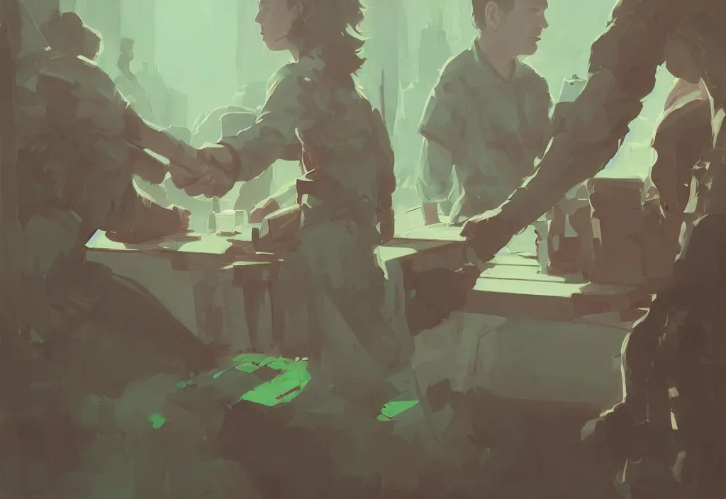 Image similar to joe biden and anya taylor - joy shaking hands, by atey ghailan, by greg rutkowski, by greg tocchini, by james gilleard, by joe gb fenton, dynamic lighting, gradient light green, brown, blonde cream, salad and white colors in scheme, grunge aesthetic