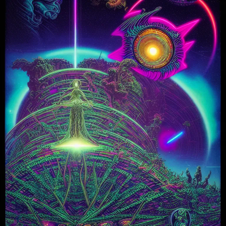 Image similar to mythical quantum star maps, synthwave, bright neon colors, highly detailed, cinematic, tim white, philippe druillet, roger dean, ernst haeckel, lisa frank, michael whelan, kubrick, kimura, isono