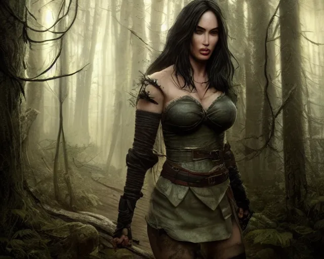 Prompt: 5 5 mm portrait photo of a real life tough looking megan fox as ciri with a large scar along her left cheek, in a magical forest. dark atmosphere. art by greg rutkowski. highly detailed 8 k. intricate. lifelike. soft light. nikon d 8 5 0.