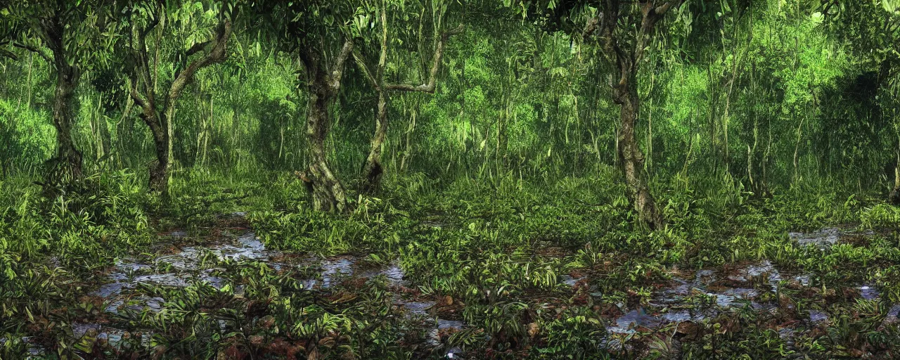 Image similar to photo of a jungle with large trees and vines, mud, puddles, foliage, realistic