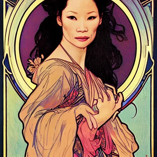 Prompt: lucy liu portrait by louis - theophile hingre and alphonse mucha, realistic, sharp focus, zodiac signs, tarot cards, planets, ethereal, art nouveau, magic, moon, sun, crown, dreamy, royal, jewellery