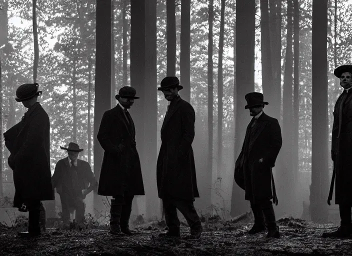 Prompt: an an scene from peaky blinders, medium long shot, filmed in the dark woods, guns fired, leonardo dicaprio and daniel day - lewis, faces covered in shadows, detailed and symmetric faces, black and white, cinematic, epic,