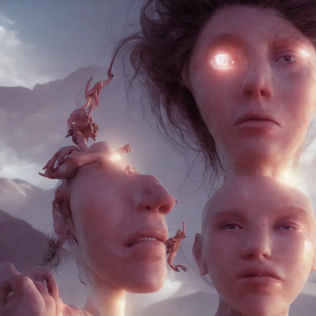 Prompt: extremely detailed cinematic movie still 3 0 7 7 portrait shot of phoenix princess 1 8 years old white woman hyperreal skin face at the mountain top by denis villeneuve, wayne barlowe, simon birch, marc simonetti, philippe druillet, beeple, bright volumetric sunlight from remote star, rich moody colors, closeup, bokeh