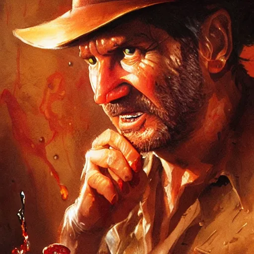 Prompt: close up indiana jones stealing a pepperoni pizza, its sloppy wet and gross, that is on a pedastal painted by greg rutkowski