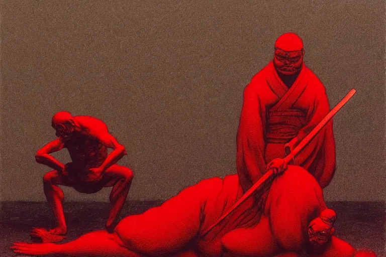 Image similar to only with red, a red samurai do seppuku, tokio, a lot of frogs watch, in the style of beksinski, parts by edward hopper, parts by rodcenko, parts by yue minjun, intricate and epic composition, red by caravaggio, insanely quality, highly detailed, masterpiece, red light, artstation, 4 k