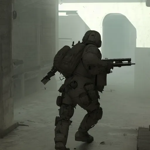 Image similar to real life heavy armored scifi soldier walking on human bloody dead bodies, shooting with heavy bolt rifle towards demons