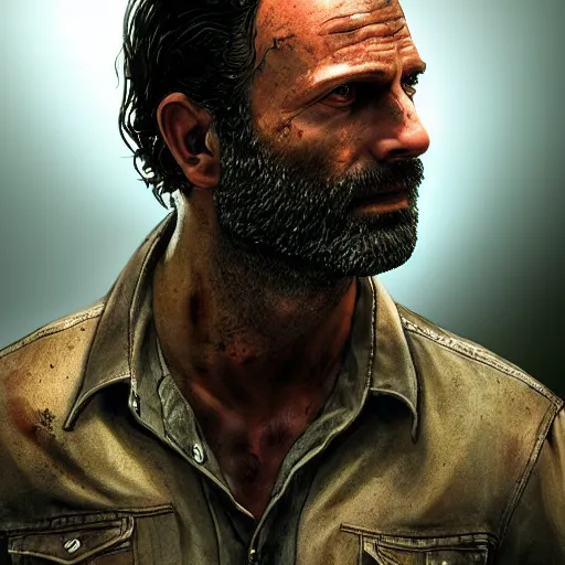 Image similar to rick grimes, the walking dead, zombies, head and shoulders shot, sharp focus, digital art, Hyper-realistic, 4K, Unreal Engine, Highly Detailed, HD, Dramatic Lighting by Brom, trending on Artstation