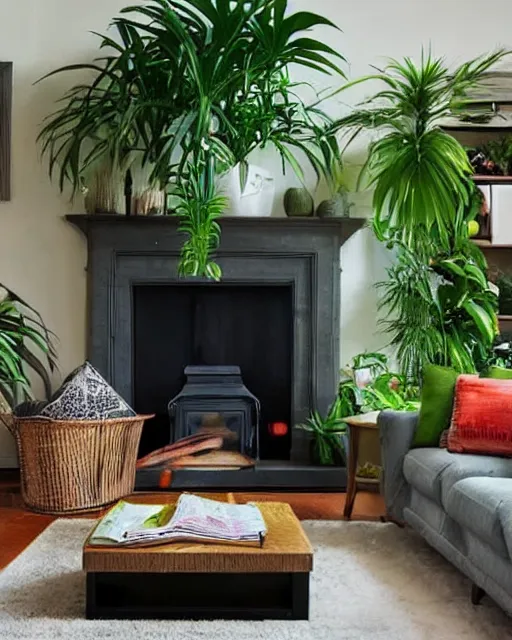 Image similar to cosy living room with fireplace and tropical plants