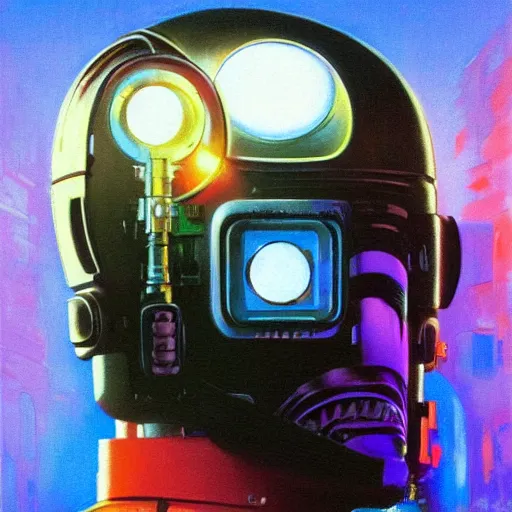 Image similar to a dark and colorful close - up side profile portrait of a sci - fi mecha robot with led lights glowing fog in the background. highly detailed science fiction painting by norman rockwell, frank frazetta, and syd mead. rich colors, high contrast, gloomy atmosphere, dark background. trending on artstation