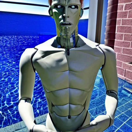 Image similar to a realistic detailed photo of a guy who is an attractive humanoid who is half robot and half humanoid, who is a male android, wrestler bryce meredith, shiny skin, posing like a statue, blank stare, by the pool, on display, showing off his muscles, humanoid robot, frozen ice statue