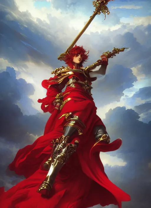 Image similar to A boisterous Red Mage wearing striped shining armor holding a staff of power surrounded by an epic cloudscape. The Magus Omega . Red Wizard. Morpheus. masterpiece. 4k digital illustration. by Ruan Jia and Artgerm and Andreas Rocha and William-Adolphe Bouguereau and Edmund Blair Leighton. award winning, Artstation, intricate details, realistic, Hyperdetailed, 8k resolution. Concept Painting. Key Art