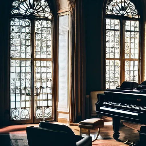 Prompt: interior of a beautiful an mid century british mansion hall, fully furnished, soft lighting, close up of an elegant victorian lady playing a grand piano at the hall. ultra realistic, ultra detailed, cinematic composition and lighting