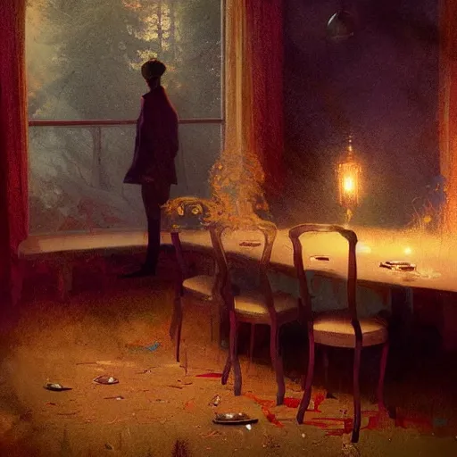 Image similar to The dinner with all of my lost ones, By Delphin Anjolras, by Ismail Inceoglu, by Emiliano Ponzi, ghosts