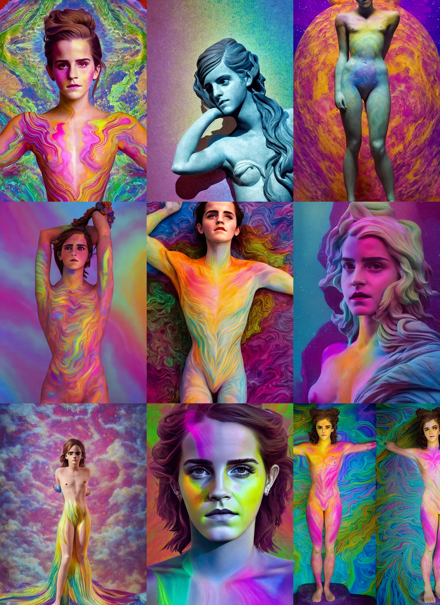 Prompt: full body statue of Emma Watson by Jean-Baptiste Carpeaux and Luo Li Rong and Michael James Talbot, all body, floating in space. perfect symmetrical face, colorful, psychedelic psychedelic psychedelic colors, fresh rainbow bodypainting, synthwave, in full growth, elegant, realistic, 8K, female full-skin figure, hyperrealism, subsurface scattering, raytracing, rim light, Octane Render, Redshift, Zbrush, H R Giger, Zdzisław Beksiński, complex psychedelic glitch background