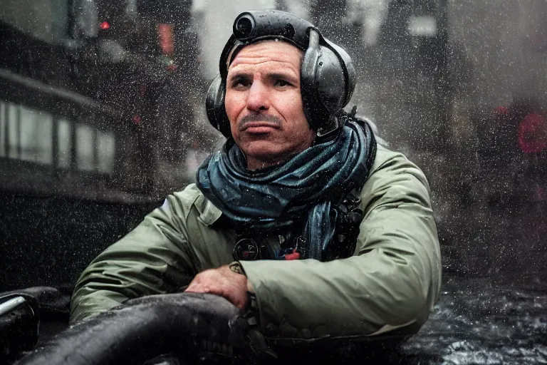 Prompt: closeup portrait of a man riding a submarine in a rainy new york street, by Steve McCurry and David Lazar, natural light, detailed face, CANON Eos C300, ƒ1.8, 35mm, 8K, medium-format print