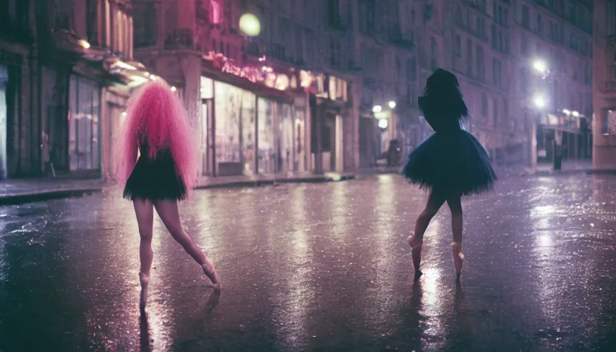 Prompt: street of paris photography, night, rain, mist, a prima ballerina with pink hair, cinestill 8 0 0 t, in the style of william eggleston