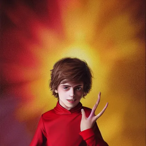 Image similar to colorful and festive captivating young child boy, brown fluffy hair, wearing red and yellow hero suit, doing the peace symbol with his hand. full body, rich vivid colors, ambient lighting, dynamic lighting, 4 k, atmospheric lighting, painted, intricate, highly detailed by charlie bowater