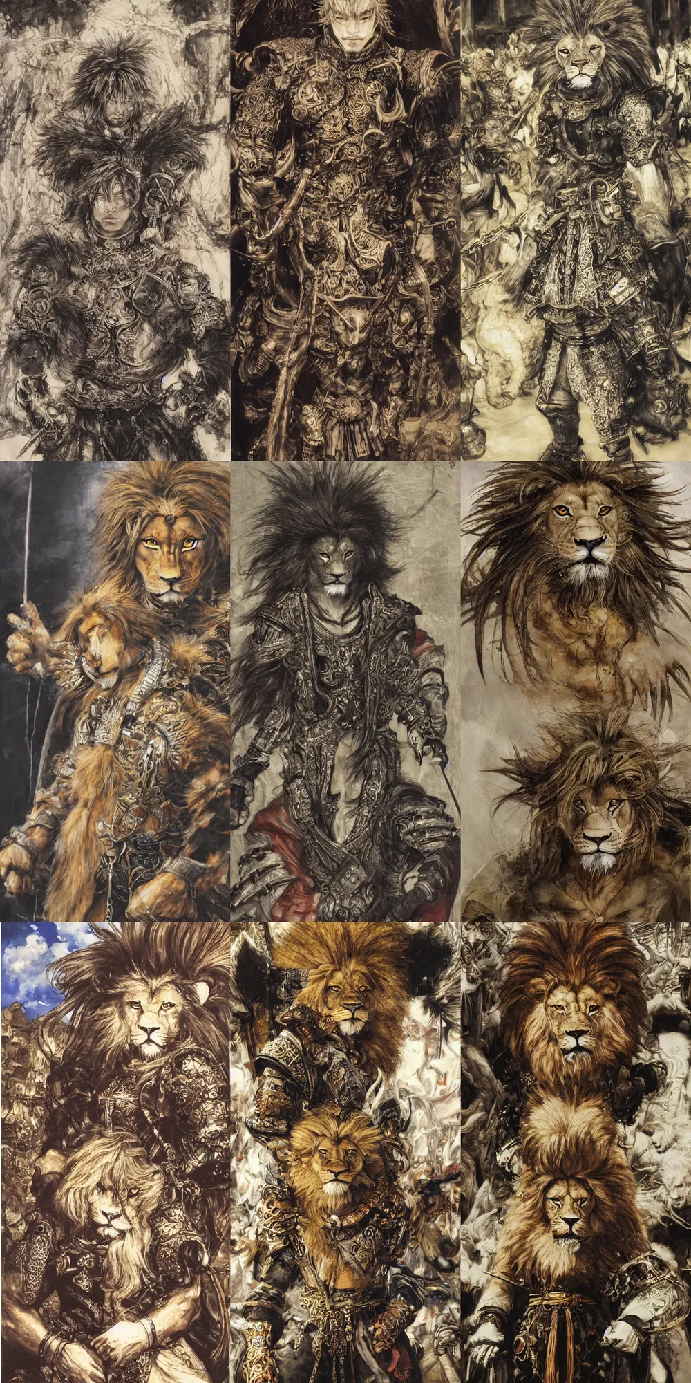 Image similar to 8 k yoshitaka amano painting of upper body of a young cool looking lion beastman with white mane at a medieval market at windy day. depth of field. he is wearing complex fantasy clothing. he has huge paws. renaissance style lighting.