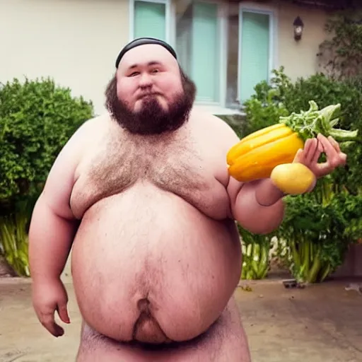 Image similar to a photo of a fat man in a swimsuit aggressively smashing a giant vegetable