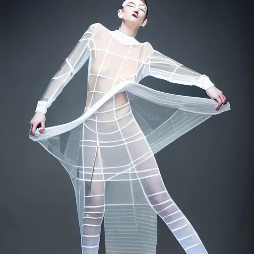 Image similar to high fashion photography of a model in neo futurism white sci - fi transparent cloth, beautifully lit