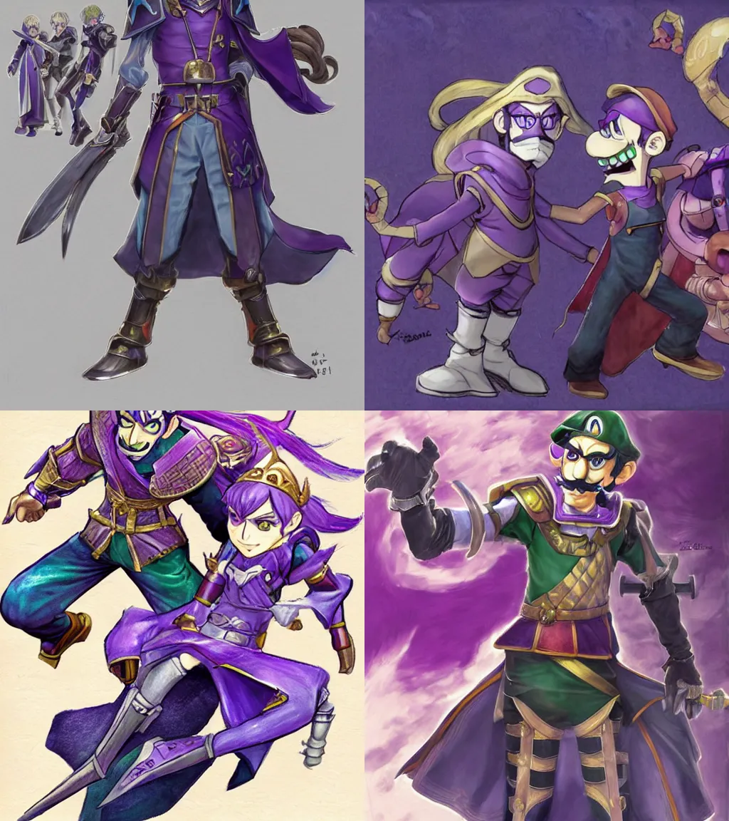 Prompt: concept art of waluigi as a fire emblem character, detailed illustration by Yusuke Kozaki and Hidari