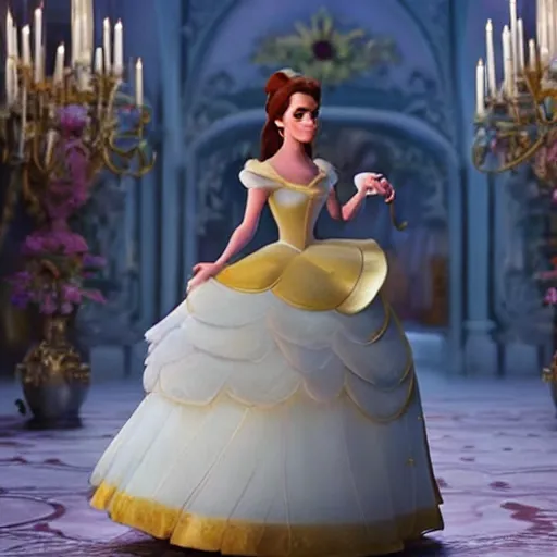 Prompt: emma watson in the classical disney animation movie the beauty and the beast, disney