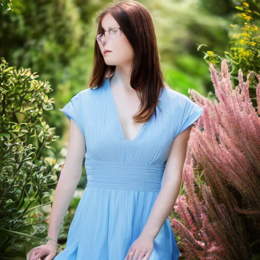 Prompt: portrait of a lady wearing a light blue dress, light, airy, garden, photorealistic, extreme detail, sharp focus, 8 k, intricate, hyper detailed, realistic, cinematic lighting