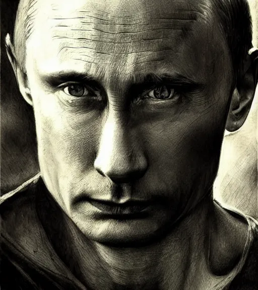 Prompt: vladimir putin, beautiful piercing eyes, realistic face, black and white drawing, in the style of greg rutkowski, fantasy, amazing detail, epic, intricate, elegant, smooth, sharp focus