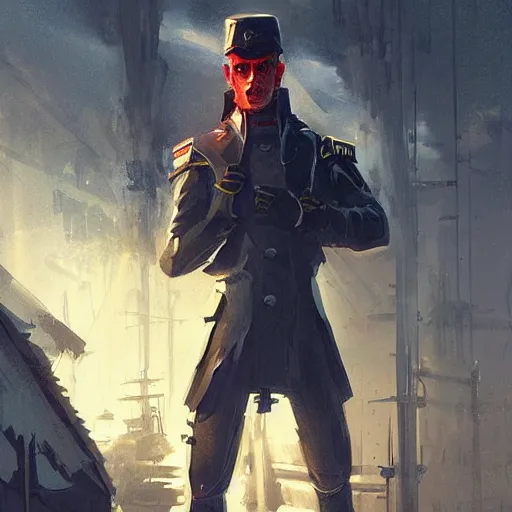 Image similar to pale, rubbery mutant with determined expression, sharp features, moist skin and wide black eyes wearing fascist Napoleonic Tang Dynasty police uniform standing on cyberpunk docks, science fiction concept art by Greg Rutkowski and Anato Finnstark