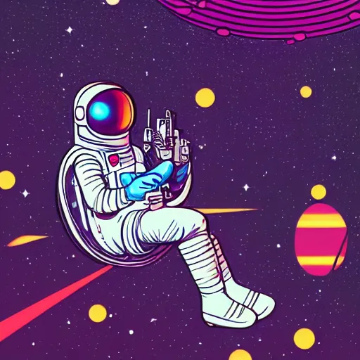 Image similar to Medium shot of an astronaut relaxing in space designed by Jack Kirby, digital art, cartoon art, acrylic, bokeh, synthwave, retro,