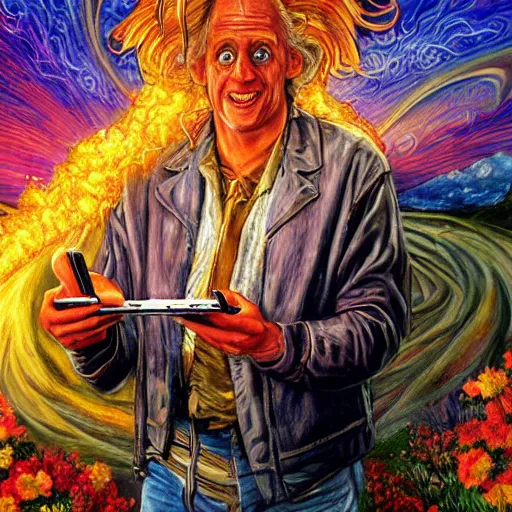 Prompt: doc emmett brown by josephine wall, scientist riding ram, flying ram, golden ram, scientist checking his phone, erupting volcano in distance, flowers in foreground, sun setting on right side of image, stars in sky on left side of image, trending on artstation, fantasy, intricately detailed